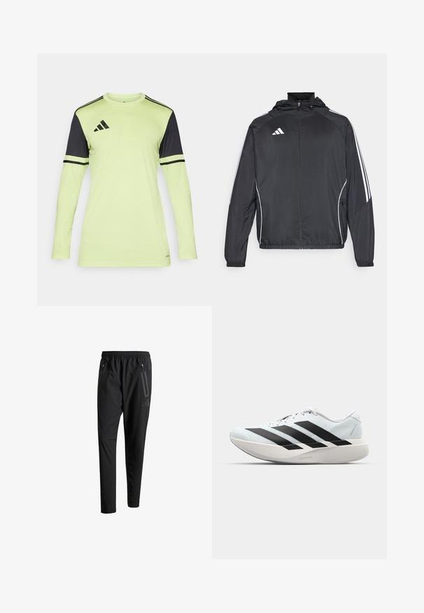 Czarna sportowa kurtka z kapturem, z białymi paskami wzdłuż rękawów i zasuwanym przodem. Wykonana z gładkiego, lekkiego materiału.; Koszulka sportowa z długim rękawem w neonowym żółtym kolorze z czarnymi akcentami i paskami. Posiada okrągły dekolt oraz jest wykonana z materiału poliestrowego.; Czarne spodnie sportowe z elastycznym paskiem w talii, dwiema zasuwanymi kieszeniami bocznymi, zwężanymi nogawkami i subtelnym logo na biodrze.; Lekkie buty do biegania w jasnoniebieskim kolorze z czarnymi pasami. Posiadają gładką cholewkę, okrągły nosek oraz grubą białą podeszwę środkową oznaczoną "LIGHTSTRIKE PRO."