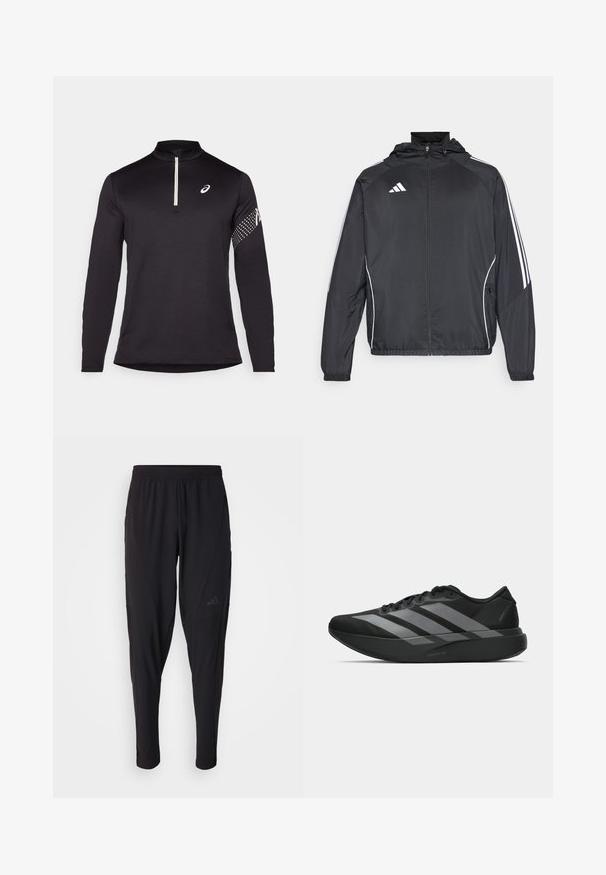 Černá sportovní bunda s kapucí, s bílými pruhy podél rukávů a s předním zipem. Vyrobena z hladkého, lehkého materiálu.; Černý top s dlouhým rukávem a polo zipem, textil s texturou, kontrastní bílý logo na hrudi a tečkovaný vzor na rukávu.; Černé sportovní kalhoty s elastickým páskem, zúženým střihem, bočními kapsami a nenápadným logem. Vyrobeno z pružné, prodyšné látky.; Černé sportovní boty s lehkou konstrukcí, se třemi výraznými šedými pruhy, hladkým povrchem a tvarovanou podrážkou.