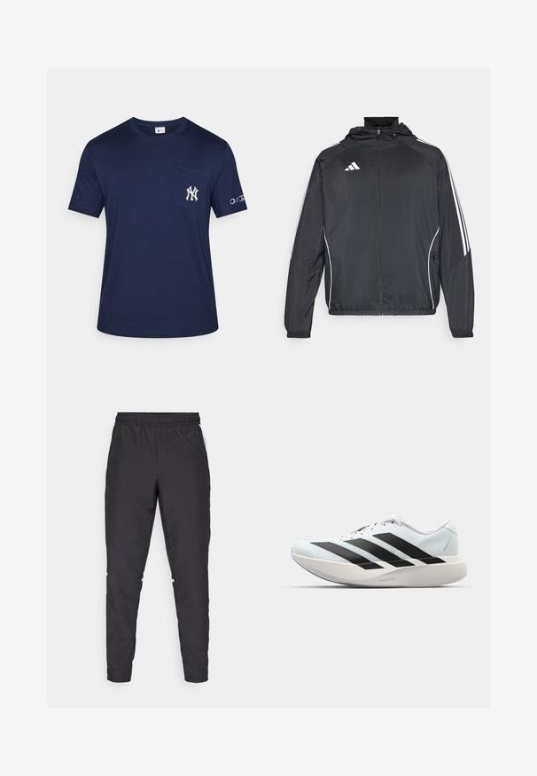 Svart sportsjakke med hette, med hvite striper langs ermene og glidelås foran. Laget av et glatt, lett stoff.; Mørkeblå bomulls t-skjorte med lomme; har et brodert New York Yankees-logo på brystet og et logo på ermet.; Svarte treningsbukser med elastisk midje, avsmalnende ben og hvite sideakenter. Laget av syntetisk materiale med en glatt tekstur.; Lette løpesko i lys blå med svarte striper. Har en myk overdel, rund tå og tykk hvit mellomsole merket "LIGHTSTRIKE PRO."