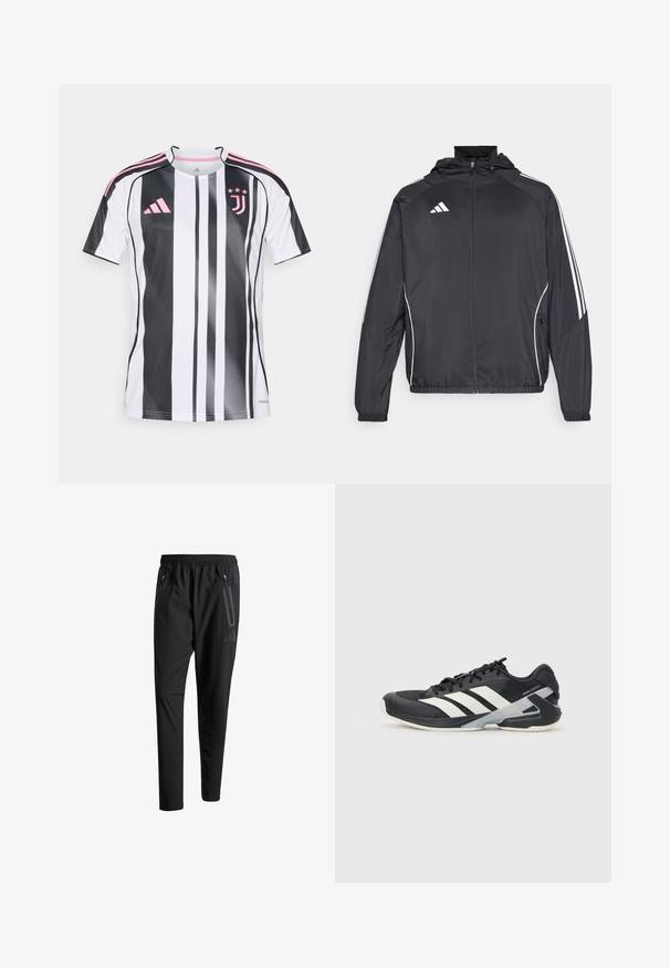 Svart sportsjakke med hette, med hvite striper langs ermene og glidelås foran. Laget av et glatt, lett stoff.; Juventus fotballdrakt med vertikale svarte og hvite striper, rosa detaljer på ermene og logo, laget av lett og pustende materiale.; Svarte treningsbukser med elastisk liv, to glidelåslommer på sidene, avsmalnende ben og en subtil logo detalj ved hoften.; Svart treningssko med hvite striper, mesh-overdel, avrundet tå og polstret såle. Har en teksturert hæl og et sikkert snøresystem.
