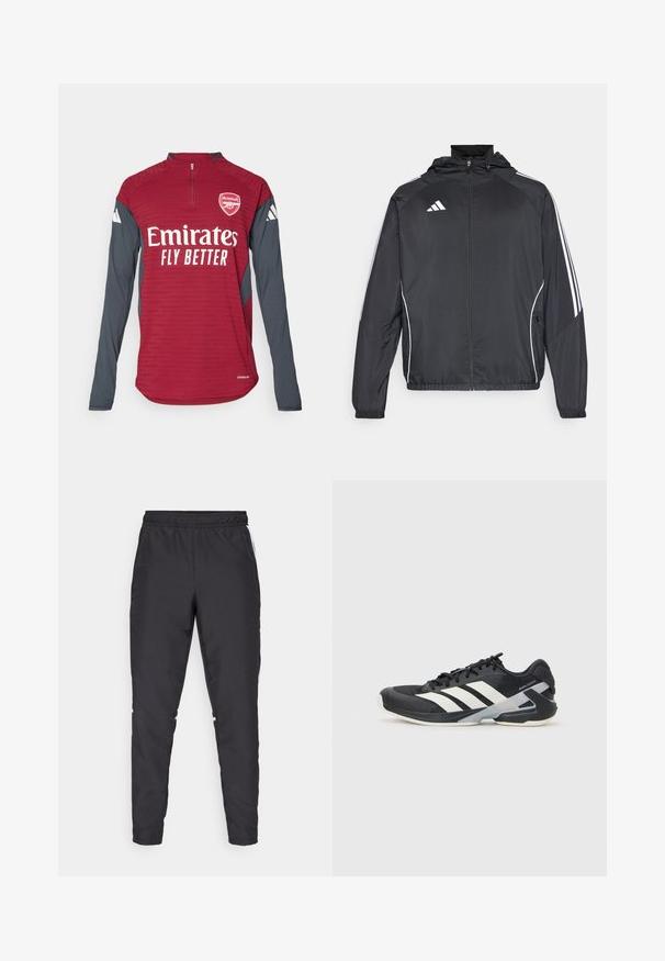 Veste de sport noire avec capuche, présentant des bandes blanches le long des manches et un devant zippé. Fabriquée en tissu léger et lisse.; adidas Performance ARSENAL FC 25/26 TIRO 25 EUROPEAN PRO TOP - Article de supporter d'équipe de club - team coll burgundy/dark grey; Pantalons de sport noirs avec une taille élastique, des jambes fuselées et des accents blancs sur les côtés. Fabriqués à partir de matériau synthétique avec une texture lisse.; Chaussure de sport noire avec des rayures blanches, tige en mesh, bout arrondi et semelle rembourrée. Comprend un talon texturé et un système de laçage sécurisé.