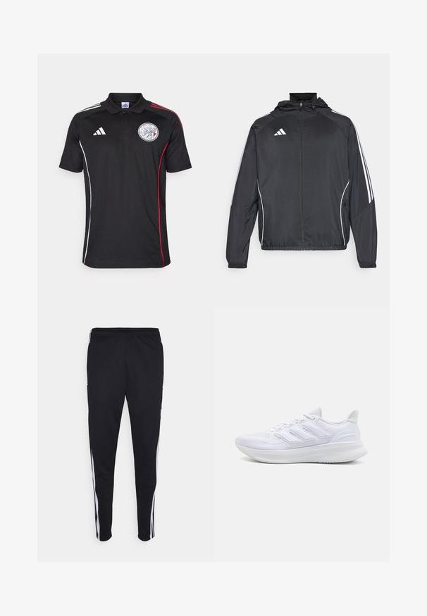 Giacca atletica nera con cappuccio, caratterizzata da strisce bianche lungo le maniche e chiusura con zip frontale. Realizzata in un tessuto liscio e leggero.; Polo nero con strisce laterali bianche e rosse, logo Adidas bianco e emblema circolare. Realizzato in tessuto morbido, con colletto e tre bottoni.; Pantaloni sportivi neri con una vestibilità rilassata, con strisce bianche sui lati, vita con cordoncino e due tasche laterali. Realizzati in tessuto morbido.; Scarpe sportive bianche con tomaia in mesh texturato, suola ammortizzata e supportiva, e design a tre strisce sul lato.