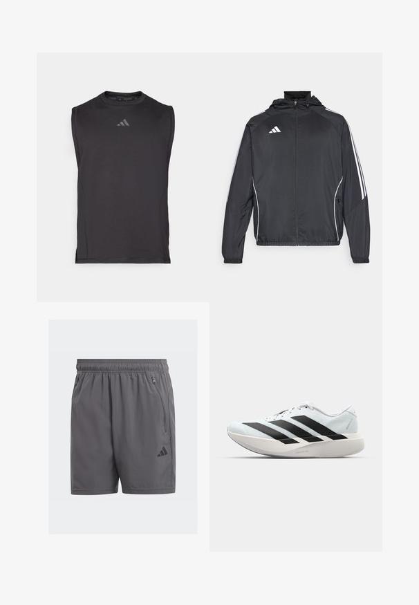 Juodas sportinis džemperis su kapišonu, turintis baltas juosteles palei rankoves ir užtrauktuką priekyje. Pagamintas iš lygaus, lengvo audinio.; Juodas be rankovių sportinis marškinėlis, pagamintas iš lygaus audinio, su apvaliu iškirpimu ir subtiliu logotipo atkaklumu priekyje.; Pilkos sportinės šortai su elastinga juostele, šoninėmis užtrauktukų kišenėmis ir juodu logotipo akcentu. Lengvas, lygus tekstūra ir kelių ilgio.; Lengvi bėgimo batai šviesiai mėlynos spalvos su juodomis juostelėmis. Yra lygus viršus, apvalus pirštas ir storas baltas vidpadis su užrašu "LIGHTSTRIKE PRO."