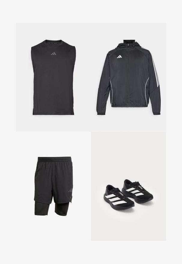 Svart sportsjakke med hette, med hvite striper langs ermene og glidelås foran. Laget av et glatt, lett stoff.; Sort ærmeløs treningstrøye i svart, laget av glatt stoff, med rund hals og subtil logo detalj foran.; Svarte sportshorts med integrert indre lag, laget av pustende stoff. Har subtilt logo og strukturert tekstur. Justerbar midje.; Par med svarte Adidas Adizero løpesko med hvite striper og lisser på hvit bakgrunn, plassert ved siden av hverandre.