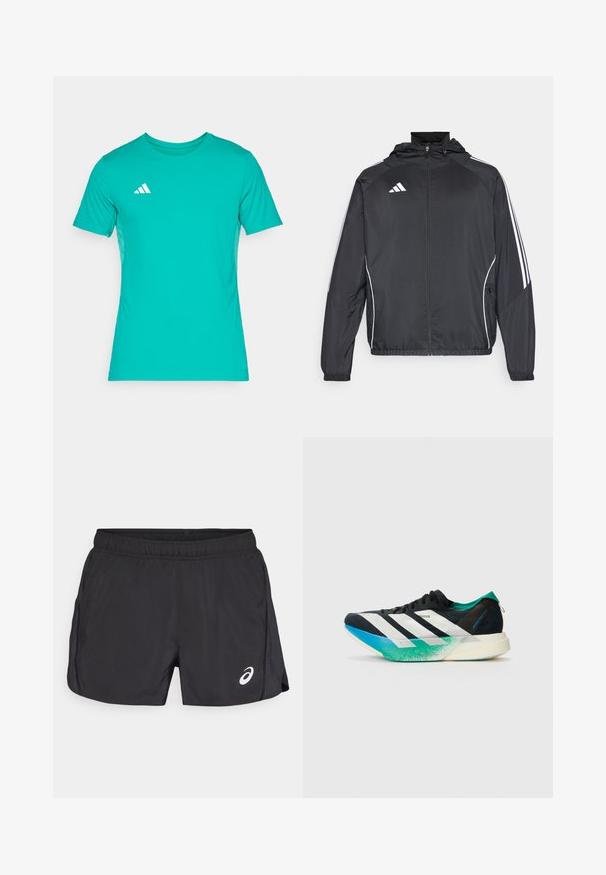 Chaqueta atlética negra con capucha, con rayas blancas a lo largo de las mangas y un cierre frontal con cremallera. Hecha de un tejido suave y ligero.; Camiseta atlética color turquesa elaborada con una tela suave, con mangas cortas, un escote redondo y un logo blanco en el lado izquierdo del pecho.; Pantalones cortos deportivos negros con cintura elástica, con una abertura lateral y un logo blanco en la parte inferior derecha. Textura ligera y suave.; Zapatilla deportiva negra con rayas blancas, acentos en verde azulado y una suela degradada de azul a verde. Diseño ligero con parte superior texturizada.