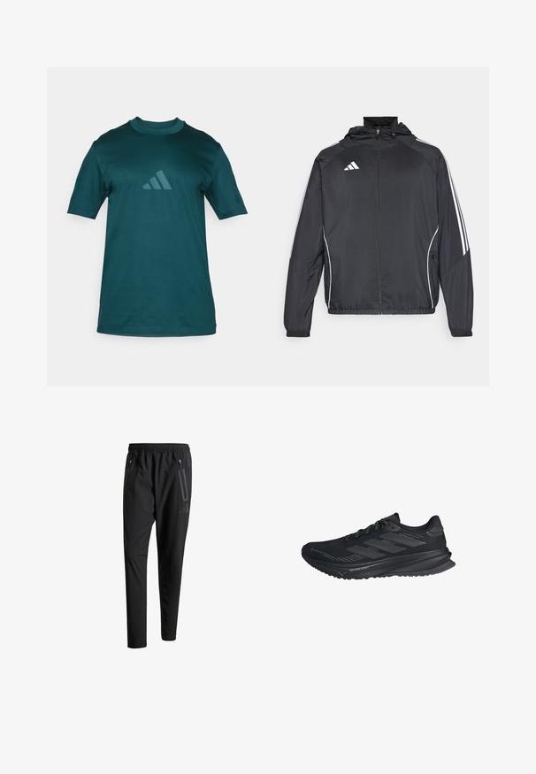 Črna športna jakna s kapuco, z belimi črtami ob rokavih in z zadrgo spredaj. Narejena iz gladkega, lahkega materiala.; Tirkizna majica kratkih rukava od gladke tkanine z dobro vidnim, toniranim Adidasovim logotipom na prsih ter okroglim izrezom.; Črne športne hlače z elastičnim pasom, dvema žepoma na zadrgo ob strani, zoženimi hlačnicami in diskretnim logotipom na boku.; Črne tekaške čevlje Adidas z Gore-Tex zgornjim delom, tremi črtami na strani in napisom "Dreamstrike" na podplatu, prikazane s stranske strani.
