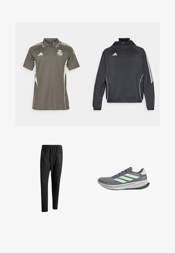 Black athletic jacket with a hood, featuring white stripes along the sleeves and a zippered front. Made from a smooth, lightweight fabric.; Dark grey polo shirt with light green accents, textured fabric, collar, and short sleeves, featuring a logo on the chest and three stripes on the shoulders.; Black athletic pants with an elastic waistband, two zippered side pockets, tapered legs, and a subtle logo detail on the hip.; adidas Performance SUPERNOVA  - Trail running shoes - grey three   semi green spark   dash grey