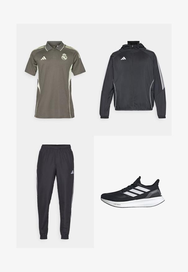 Crna atletska jakna s kapuljačom, s bijelim prugama duž rukava i zatvaranjem na zip. Izrađena od glatkog, laganog materijala.; Tamno sivi polo majica s svijetlozelenim detaljima, teksturirana tkanina, ovratnik i kratki rukavi, sa logotipom na prsima i tri pruge na ramenima.; Crne sportske hlače s elastičnom gumicom u struku, s bijelim prugama uz bokove i malim logotipom na kuku. Glatka tekstura.; Crne trkaće tenisice s bijelim dizajnom od tri pruge. Prozračna mrežasta gornjište, mekan bijeli potplat s natpisom "LIGHT BOOST" i minimalistički naglasci.