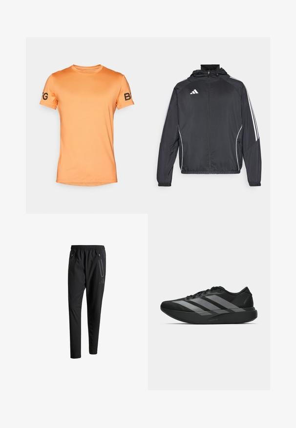 Must värvi sportlik jakk kapuutsiga, millel on valged triibud varrukatel ja lukuga esiosa. Valmistatud siledast, kergest kangast.; Lühikese varrukaga t-särk heleses pruunis, sileda tekstuuriga, ümmarguse kaelusega, millel on mustad tähed "BFG" vasakul varrukal.; Mustavad spordipüksid elastse vöökoha, kahe tõmblukuga küljetasku, kitsenevate säärete ning õrna logodetailiga puusadel.; Must have mustangid! Need light and trendy athletic shoes? These black sneakers have a streamlined design featuring three large hallal gray stripes. Their smooth texture and ergonomically contoured sole provide ultimate comfort.