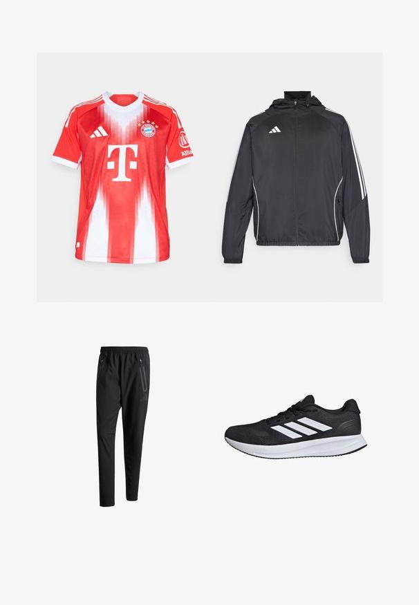 Giacca atletica nera con cappuccio, caratterizzata da strisce bianche lungo le maniche e chiusura con zip frontale. Realizzata in un tessuto liscio e leggero.; Maglia da calcio rossa e bianca realizzata in materiale traspirante, con collo rotondo, motivo a strisce verticali, logo del club e branding dello sponsor.; Pantaloni sportivi neri con vita elastica, due tasche laterali con cerniera, gambe affusolate e un sottile dettaglio del logo sull'anca.; Scarpa sportiva nera con strisce bianche, tomaia in rete, suola ammortizzata e dettagli testurizzati. Caratterizzata da un design con lacci e logo del marchio sulla linguetta.