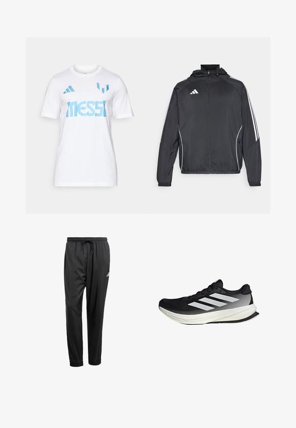 Black athletic jacket with a hood, featuring white stripes along the sleeves and a zippered front. Made from a smooth, lightweight fabric.; White cotton t-shirt featuring blue "MESSI" text and two blue stripes on the shoulders. Round neck, short sleeves.; Black athletic pants with elastic waistband, drawstring, cuffed ankles, and a small white logo on the right thigh.; Black athletic shoe with a mesh design, featuring white stripes, a rounded toe, and a textured sole for grip and support.
