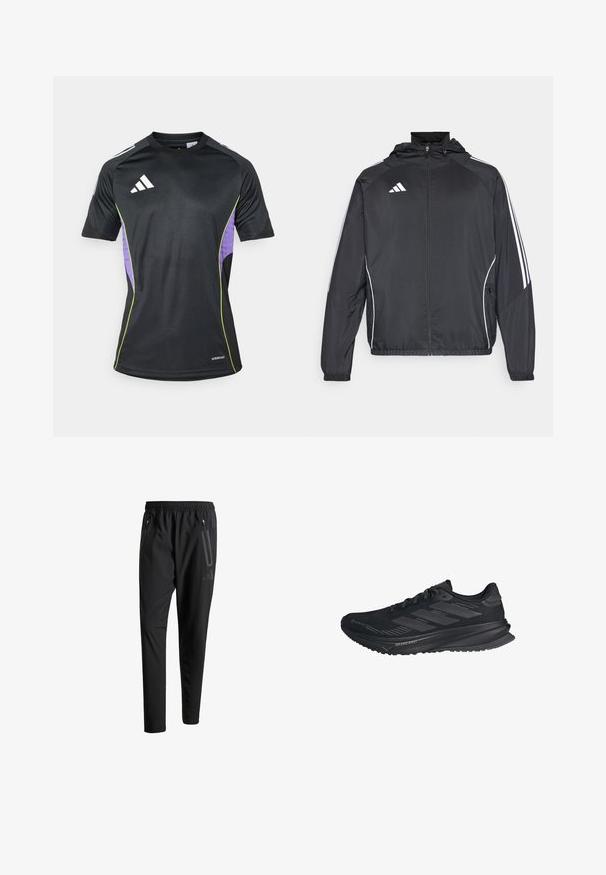 Černá sportovní bunda s kapucí, s bílými pruhy podél rukávů a s předním zipem. Vyrobena z hladkého, lehkého materiálu.; Černé sportovní tričko s krátkými rukávy, kulatým výstřihem a fialovými bočními panely se zelenými akcenty. Vyrobeno z materiálu odvádějícího vlhkost.; Černé sportovní kalhoty s elastickým pasem, dvěma zipovými bočními kapsami, zúženými nohavicemi a decentním logem na boku.; Černá běžecká obuv Adidas s vrchní částí z Gore-Texu, třemi pruhy na boku a nápisem "Dreamstrike" na podrážce, pohled z vnější strany.