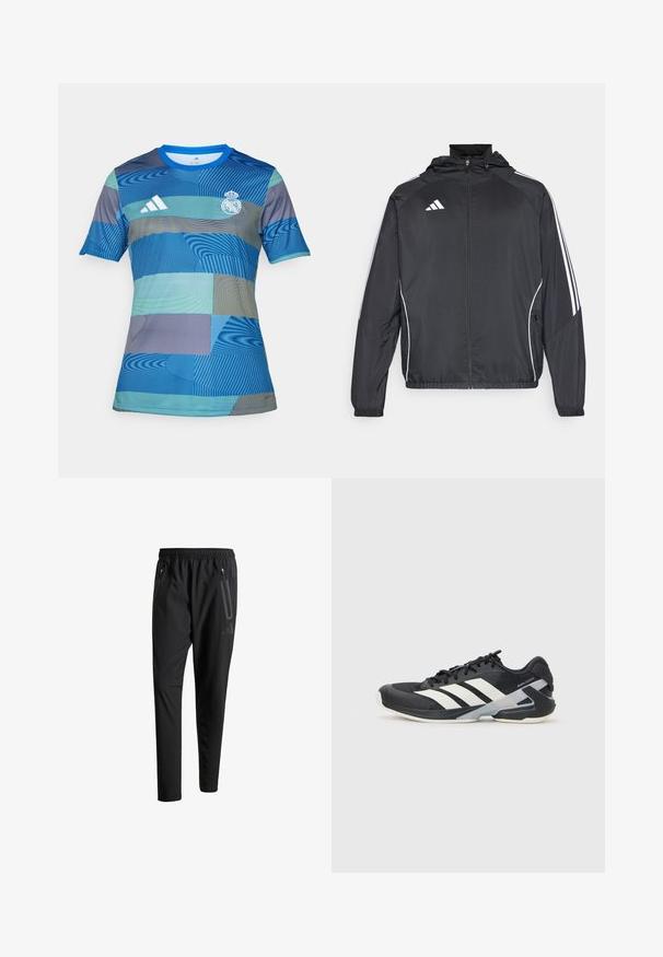 Crna atletska jakna s kapuljačom, s bijelim prugama duž rukava i zatvaranjem na zip. Izrađena od glatkog, laganog materijala.; Plavi nogometni dres s geometrijskim uzorkom u različitim nijansama plave i zelene, kratkih rukava, okruglog izreza i Adidas logom.; Crne atletske hlače s elastičnim pojasom, dva bočna džepa sa zatvaračem, suženi nogavici i diskretnim logotipom na kuku.; Crne atletske cipele s bijelim prugama, mrežasta gornja strana, zaobljeni prst i podstavljeni đon. Imaju teksturiranu petu i siguran sustav vezivanja.
