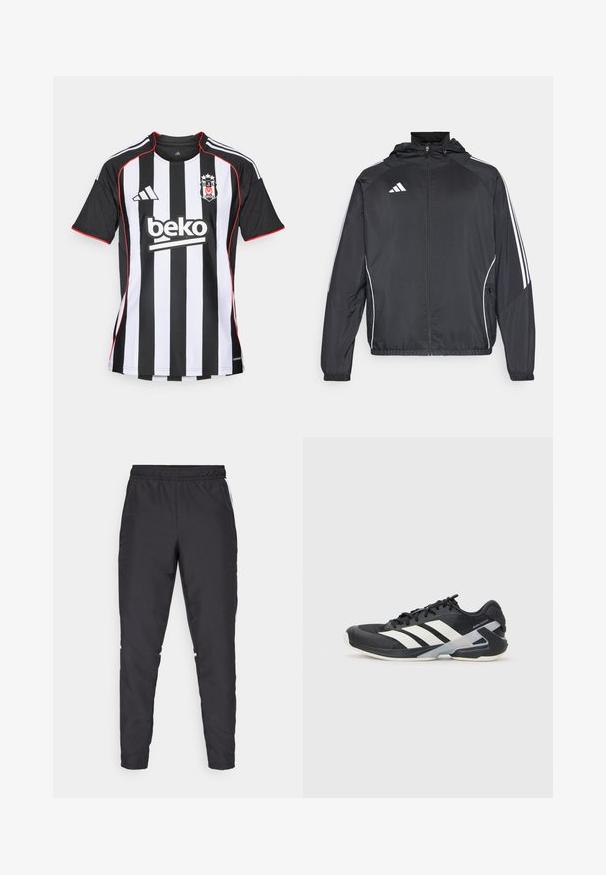 Must värvi sportlik jakk kapuutsiga, millel on valged triibud varrukatel ja lukuga esiosa. Valmistatud siledast, kergest kangast.; adidas Performance BESIKTAS 25/26 AWAY JERSEY - Jalgpalli jersey-särk - black; Mustad mustusharjased püksid elastse vöökohtadega, kitsenevate jalgadega ja valgete külgaktsentidega. Valmistatud sünteetilisest materjalist, millel on sile tekstuur.; Mustad sportlik jalanõud mustade värvidega, valgete triipudega, võrgusilma pealmine osa, ümar varvas ja pehme tallaga. Omab tekstureeritud kontsa ja kindlat paeltesüsteemi.