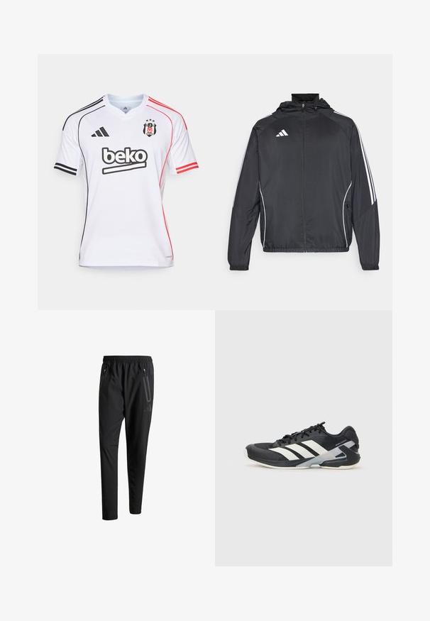 Casaco atlético preto com capuz, apresentando riscas brancas ao longo das mangas e um fecho éclair na frente. Fabricado em um tecido liso e leve.; adidas Performance BESIKTAS 25/26 HOME JERSEY - Roupa de discoteca - white; Calças de treino pretas com uma cintura elástica, dois bolsos laterais com fecho, pernas ajustadas e um discreto detalhe de logotipo no quadril.; Sapata atlética preta com riscas brancas, parte superior em malha, biqueira arredondada e sola acolchoada. Apresenta um calcanhar texturizado e um sistema de atacadores seguro.