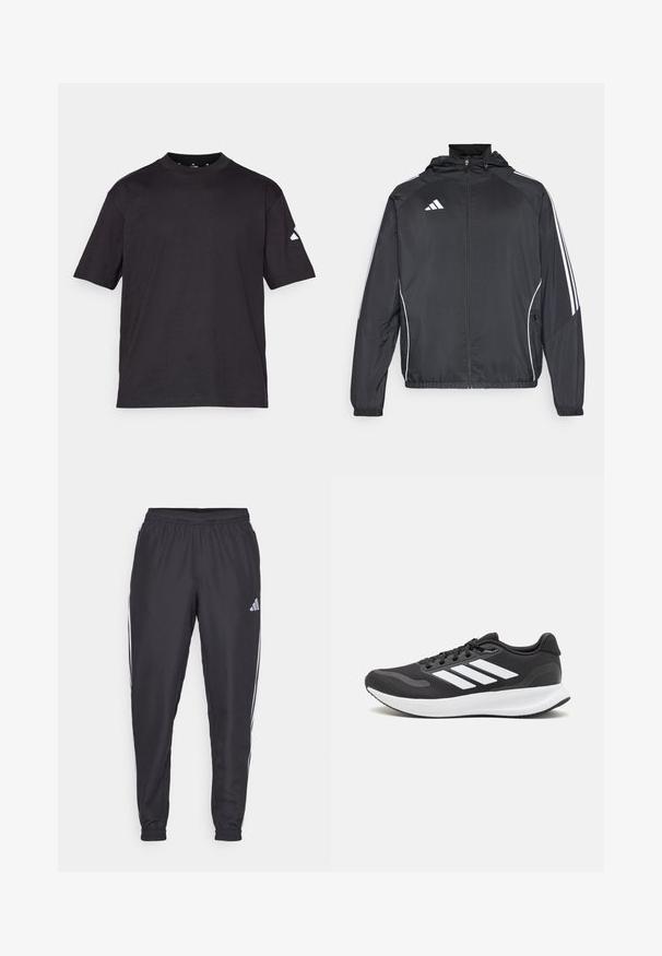 Juodas sportinis džemperis su kapišonu, turintis baltas juosteles palei rankoves ir užtrauktuką priekyje. Pagamintas iš lygaus, lengvo audinio.; Juodas trumpomis rankovėmis marškinėliai iš minkštos medvilnės. Yra apvalus kaklas ir mažas baltas trikampis logo kairiajame rankovėje.; Juodi sportiniai kelnių su elastinga juosta, šoninėse pusėse yra baltos juostos, o ant klubų yra mažas logotipas. Lygi tekstūra.; Juodas sportinis batelis su orui pralaidžia mėgintuvėliu, baltomis akcentais ir paminkštintu padu. Šone yra trijų juostų logotipas.