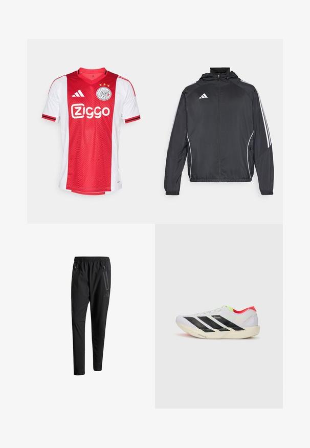 Čierna športová bunda s kapucňou, ktorá má biele pruhy pozdĺž rukávov a zips v prednej časti. Vyrobená z hladkej, ľahkej tkaniny.; Červený a biely futbalový dres s výstrihom do v, akcentmi v tvare zigzagu a tromi hviezdami nad kruhovým logom a značkou "Ziggo".; Čierne športové nohavice s elastickým pásom, dvoma bočnými zipsovými vreckami, zužujúcimi sa nohavicami a nenápadným detailom loga na bokoch.; Biele behacie topánky s čiernymi pruhmi, neonovo zelenými akcentmi a červeným podpätkom. Majú ľahkú konštrukciu a textúrovanú podrážku pre lepšiu trakciu.