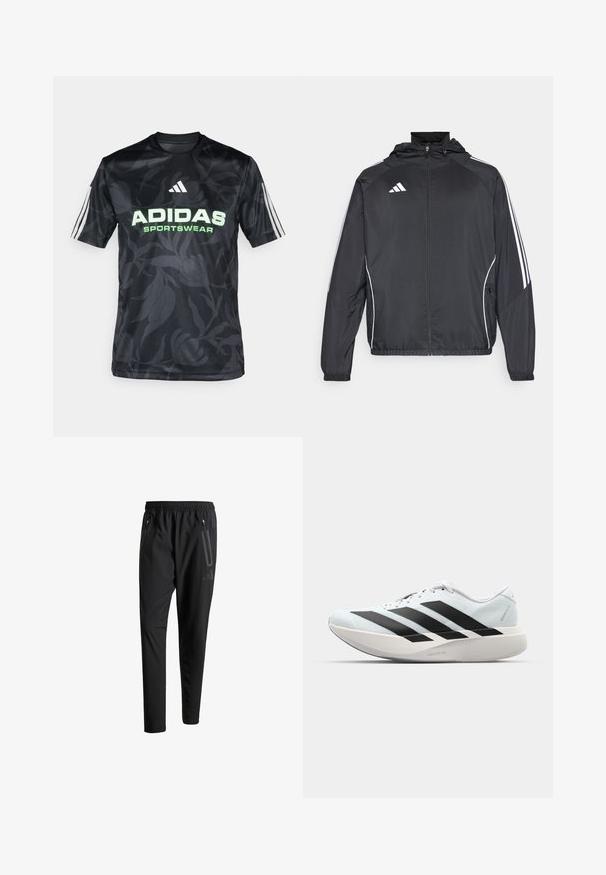 Černá sportovní bunda s kapucí, s bílými pruhy podél rukávů a s předním zipem. Vyrobena z hladkého, lehkého materiálu.; adidas Sportswear Triko s potiskem - multicolor/carbon/black; Černé sportovní kalhoty s elastickým pasem, dvěma zipovými bočními kapsami, zúženými nohavicemi a decentním logem na boku.; Lehké běžecké boty v světle modré barvě s černými pruhy. Mají hladký svršek, kulatou špičku a silnou bílou mezipodešev označenou "LIGHTSTRIKE PRO."