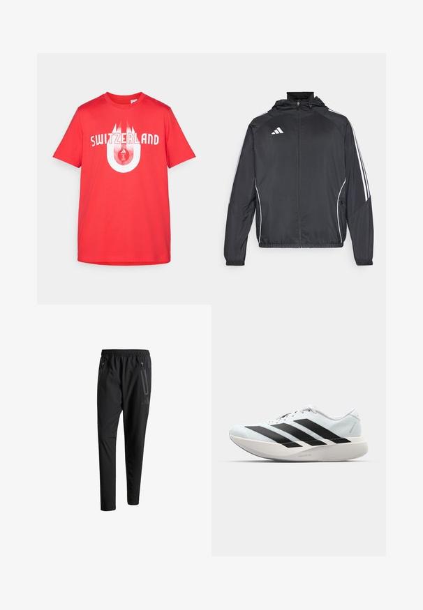 Black athletic jacket with a hood, featuring white stripes along the sleeves and a zippered front. Made from a smooth, lightweight fabric.; Red cotton t-shirt featuring "SWITZERLAND" in white lettering, with a circular graphic design incorporating the Swiss logo. Short sleeves.; Black athletic pants with an elastic waistband, two zippered side pockets, tapered legs, and a subtle logo detail on the hip.; Lightweight running shoes in pale blue with black stripes. Features a smooth upper, round toe, and thick white midsole labeled "LIGHTSTRIKE PRO."