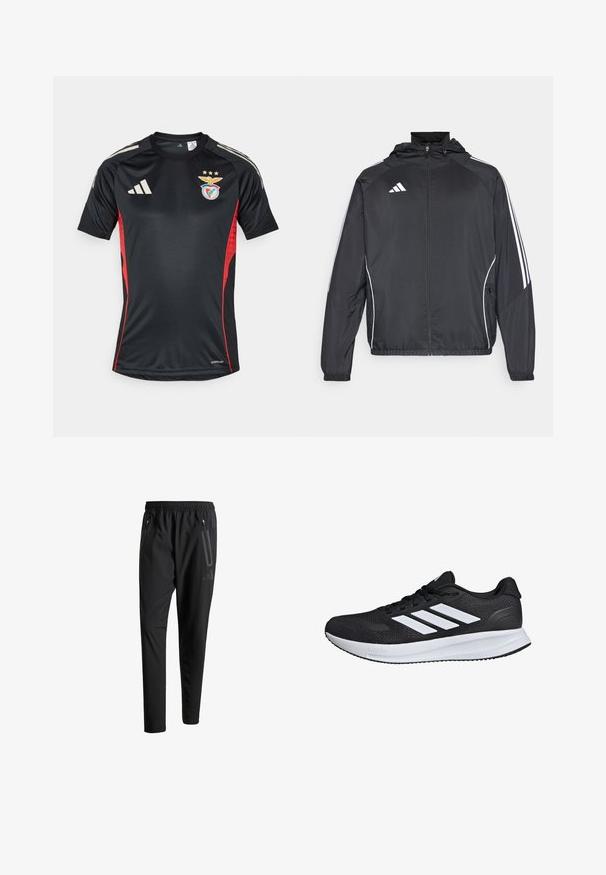Černá sportovní bunda s kapucí, s bílými pruhy podél rukávů a s předním zipem. Vyrobena z hladkého, lehkého materiálu.; Černý sportovní dres s červenými bočními akcenty, s kulatým výstřihem, krátkými rukávy, logem Adidas a klubovým emblémem na hrudi.; Černé sportovní kalhoty s elastickým pasem, dvěma zipovými bočními kapsami, zúženými nohavicemi a decentním logem na boku.; Černá sportovní bota s bílými pruhy, síťovaným svrškem, polstrovanou podrážkou a texturovanými akcenty. Disponuje šněrovacím designem a logem značky na jazyku.