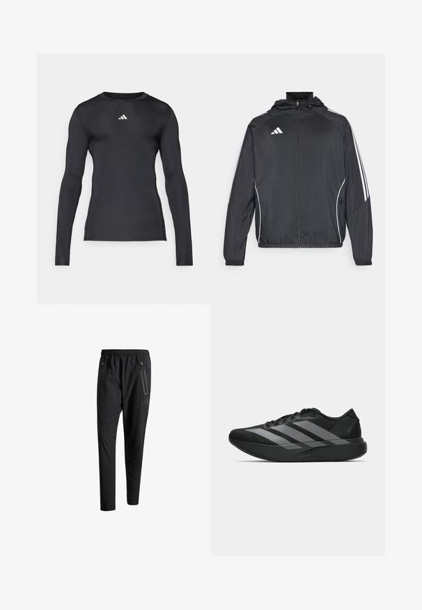 Zwarte sportjack met capuchon, voorzien van witte strepen langs de mouwen en een ritssluiting aan de voorkant. Gemaakt van een gladde, luchtige stof.; Zwart langmouw sportshirt gemaakt van gladde, rekbare stof. Heeft een ronde halslijn en een subtiele witte logo op de borst.; Zwarte sportbroeken met een elastische tailleband, twee ritszakken aan de zijkant, taps toelopende pijpen en een subtiele logo-detail op de heup.; Zwarte sportieve schoenen met een lichtgewicht ontwerp, voorzien van drie opvallende grijze strepen, een gladde textuur en een gevormde zool.