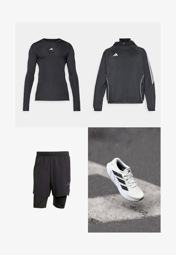 Black athletic jacket with a hood, featuring white stripes along the sleeves and a zippered front. Made from a smooth, lightweight fabric.; Black long-sleeve athletic shirt made of smooth, stretchy material. Features a round neckline and subtle white logo on the chest.; Black athletic shorts with integrated inner layer, made from breathable fabric. Features subtle logo and structured texture. Adjustable waistband.; White athletic shoe with textured mesh upper, black stripes, lace closure, and a cushioned sole, levitating above a marked road surface.