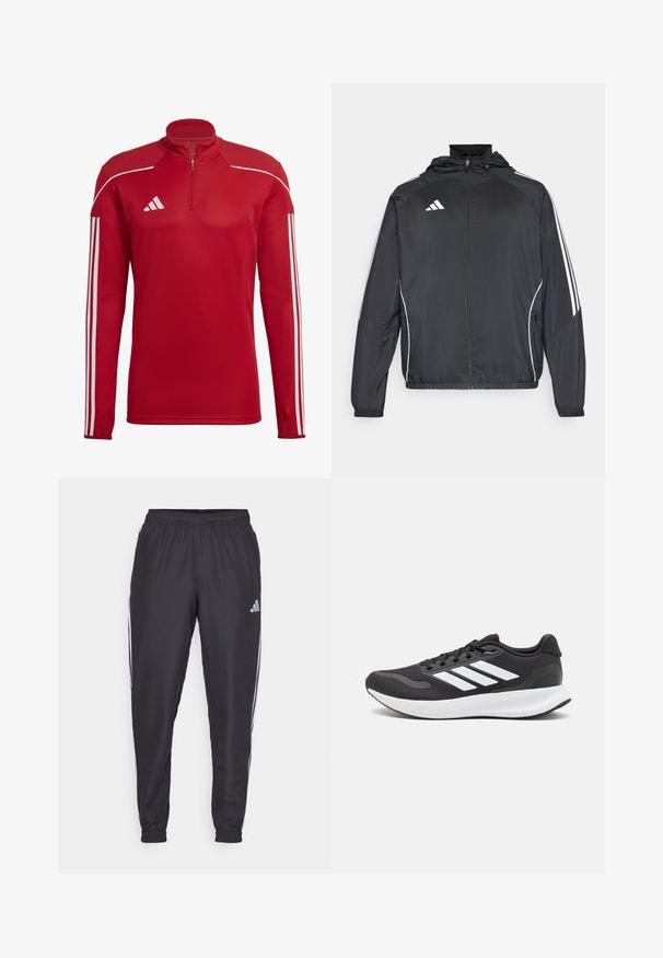 Zwarte sportjack met capuchon, voorzien van witte strepen langs de mouwen en een ritssluiting aan de voorkant. Gemaakt van een gladde, luchtige stof.; Rode sportieve pullover met een ritskraag, lange mouwen, witte drie-stripes accenten op de mouwen en gestructureerde schouderpanelen.; Zwarte sportieve broek met een elastische tailleband, voorzien van witte strepen aan de zijkanten en een klein logo op de heup. Gladde textuur.; Zwart sportief schoen met ademend mesh bovenwerk, witte accenten en een gevoerde zool. Beschikt over een logo met drie strepen aan de zijkant.