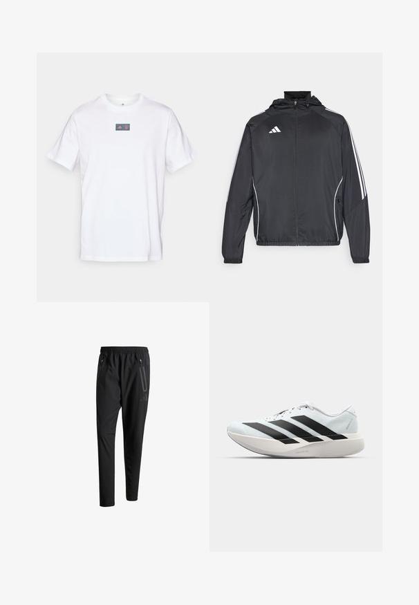 Fekete sportos dzseki kapucnival, fehér csíkokkal az ujjak mentén és cipzáras elülső résszel. Simább, könnyű anyagból készült.; Fehér pamut póló kerek nyakkivágással. Elülső részén egy vörös és kék mintájú téglalap alakú logó található. Rövid ujjak. Normál szabás.; Fekete sportos nadrág elasztikus derékpánttal, két cipzáras oldalt zsebbel, tapered lábakkal és diszkrét logóval a csípőn.; Világoskék, fekete csíkos könnyű futószerek. Simább felső résszel, kerek orral és vastag fehér középtalppal, amelyen a "LIGHTSTRIKE PRO" felirat olvasható.