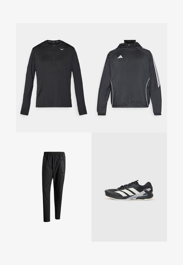 Schwarze Sportjacke mit Kapuze, ausgestattet mit weißen Streifen an den Ärmeln und einem Reißverschluss vorne. Hergestellt aus einem glatten, leichten Stoff.; Langärmliges Sportshirt in Schwarz mit einem Halb-Reißverschluss und einem kleinen weißen Logo auf der Brust. Hergestellt aus glattem, leichtem Material.; Schwarze Sporthose mit elastischem Bund, zwei Reißverschlusstaschen an den Seiten, schmal zulaufenden Beinen und einem dezenten Logo-Detail an der Hüfte.; Schwarzer Sportschuh mit weißen Streifen, Obermaterial aus Mesh, runde Zehenform und gepolstertem Sohlenteil. Verfügt über eine strukturierte Ferse und ein sicheres Schnürsystem.