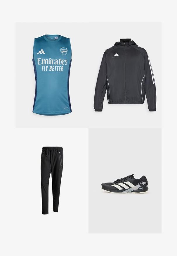 Black athletic jacket with a hood, featuring white stripes along the sleeves and a zippered front. Made from a smooth, lightweight fabric.; Aqua sleeveless jersey featuring the Arsenal logo, "Emirates Fly Better" text, and dark blue side accents. Made of smooth fabric.; Black athletic pants with an elastic waistband, two zippered side pockets, tapered legs, and a subtle logo detail on the hip.; Black athletic shoe with white stripes, mesh upper, rounded toe, and cushioned sole. Features a textured heel and secure lacing system.