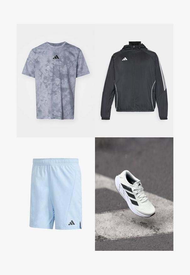 Czarna sportowa kurtka z kapturem, z białymi paskami wzdłuż rękawów i zasuwanym przodem. Wykonana z gładkiego, lekkiego materiału.; Szara koszulka z krótkim rękawem z wzorem tie-dye, z wyraźnym czarnym logo Adidas na klatce piersiowej i teksturowanym materiałem.; Jasnoniebieskie spodenki sportowe wykonane z lekkiego materiału. Posiadają elastyczny pas i czarne logo Adidas na dolnej lewej stronie.; Białe buty sportowe z teksturowaną siateczką, czarnymi paskami, z zapięciem na sznurowadła i wyściełaną podeszwą, unoszące się nad oznaczoną nawierzchnią drogi.