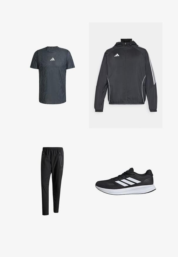 Crna atletska jakna s kapuljačom, s bijelim prugama duž rukava i zatvaranjem na zip. Izrađena od glatkog, laganog materijala.; Tamna siva atletska majica s geometrijskim uzorkom, okrugli izrez, kratki rukavi i bijeli logo na prsima. Glatka tekstura.; Crne atletske hlače s elastičnim pojasom, dva bočna džepa sa zatvaračem, suženi nogavici i diskretnim logotipom na kuku.; Crne atletske cipele s bijelim prugama, mrežastim gornjim dijelom, ublaženom potplatom i teksturiranim detaljima. Imaju vezanje na vezice i logotip branda na jeziku.
