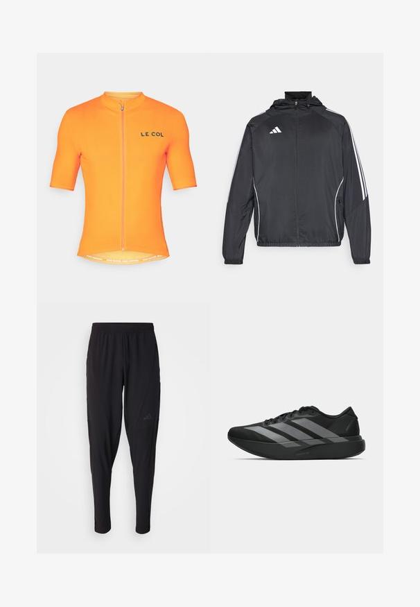 Must värvi sportlik jakk kapuutsiga, millel on valged triibud varrukatel ja lukuga esiosa. Valmistatud siledast, kergest kangast.; Lühikeste varrukatega jalgrattasärk eredast oranžist, millel on lukuga esiosa ja "LE COL" logo, valmistatud hingavast materjalist tekstuurse viimistlusega.; Mustad mustat spordipüksid elastse vöökohtaga, kitseneva disaini, küljetaskute ja peene logodetailiga. Valmistatud paindlikust ja hingavast kangast.; Must have mustangid! Need light and trendy athletic shoes? These black sneakers have a streamlined design featuring three large hallal gray stripes. Their smooth texture and ergonomically contoured sole provide ultimate comfort.