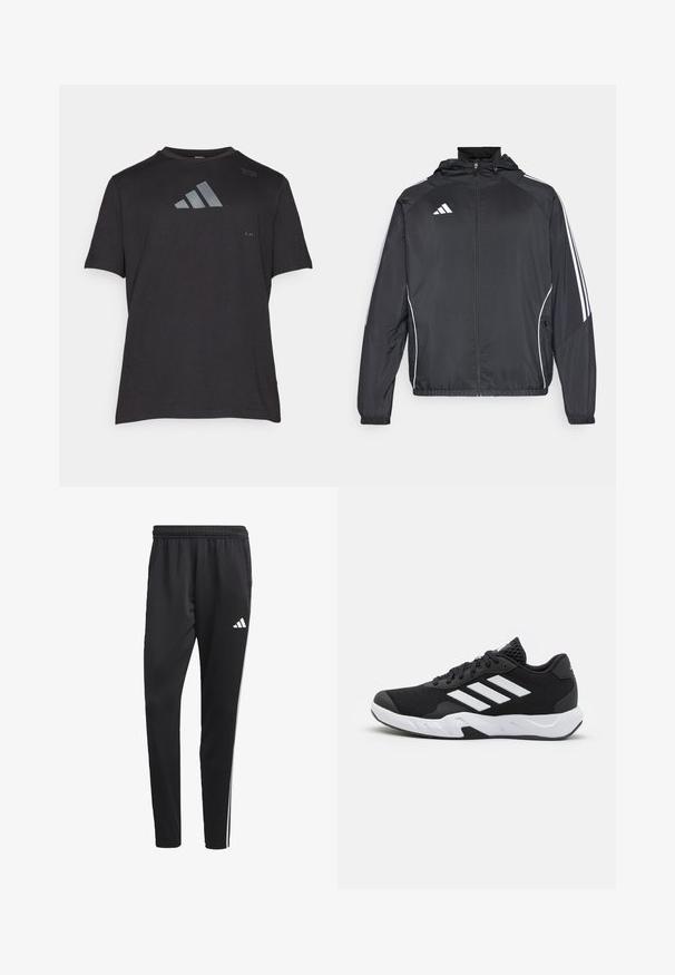 Svart sportsjakke med hette, med hvite striper langs ermene og glidelås foran. Laget av et glatt, lett stoff.; Svart t-skjorte med korte ermer laget av myk stoff. Har et reflekterende grått Adidas-logo på brystet og minimalistiske designdetaljer.; Sorte treningsbukser med en elastisk midje, hvite side.striper og en liten hvit logo på låret. Laget av et glatt, lett materiale.; Sorte joggesko med teksturert mesh-overdel, hvite aksentstriper, en polstret såle og en forsterket hæl for støtte.