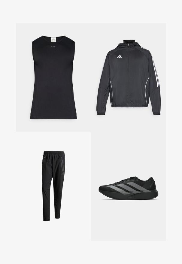 Fekete sportos dzseki kapucnival, fehér csíkokkal az ujjak mentén és cipzáras elülső résszel. Simább, könnyű anyagból készült.; Fekete ujjatlan sportpóló sima, rugalmas anyagból. Kerek nyakkivágással rendelkezik, és diszkrét logóval díszített az elülső részen.; Fekete sportos nadrág elasztikus derékpánttal, két cipzáras oldalt zsebbel, tapered lábakkal és diszkrét logóval a csípőn.; Fekete sportcipők könnyű kialakítással, három kiemelkedő szürke csíkkal, sima textúrával és kontúros talppal.
