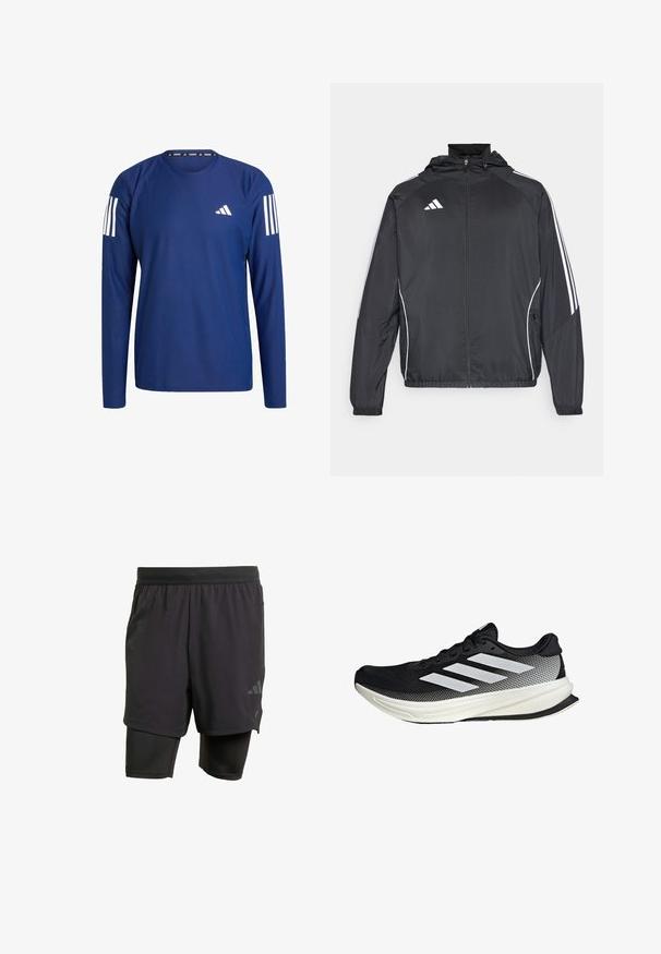 Zwarte sportjack met capuchon, voorzien van witte strepen langs de mouwen en een ritssluiting aan de voorkant. Gemaakt van een gladde, luchtige stof.; Marineblauwe hardloopshirt met lange mouwen, gemaakt van gestructureerde stof, met witte strepen op de schouders en een klein wit logo op de borst.; Zwarte sportshorts met geïntegreerde binnenlaag, gemaakt van ademend materiaal. Bevat een subtiele logo en gestructureerde textuur. Verstelbare tailleband.; Zwarte sportieve schoen met een mesh ontwerp, voorzien van witte strepen, een ronde neus en een gestructureerde zool voor grip en ondersteuning.