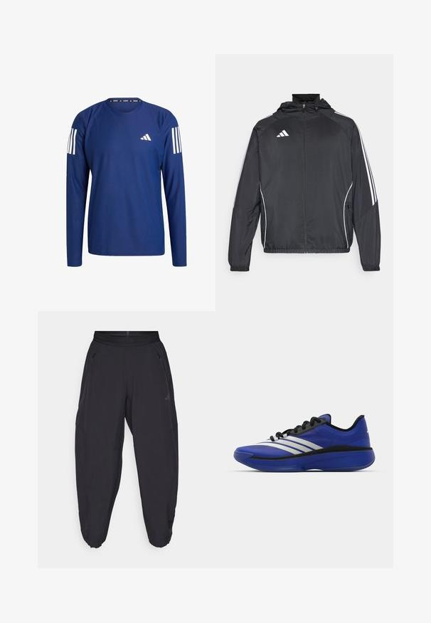 Czarna sportowa kurtka z kapturem, z białymi paskami wzdłuż rękawów i zasuwanym przodem. Wykonana z gładkiego, lekkiego materiału.; Granatowa koszulka do biegania z długim rękawem, wykonana z teksturowanej tkaniny, z białymi paskami na ramionach i małym białym logo na klatce piersiowej.; Czarne spodnie sportowe z elastycznym pasem, zamykanymi na zamek bocznymi kieszeniami, zwężanymi nogawkami oraz subtelnym logo na prawym udzie.; adidas Performance ADIZERO SELECT 3.0 niebieski