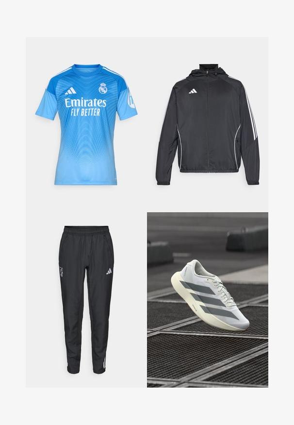 Čierna športová bunda s kapucňou, ktorá má biele pruhy pozdĺž rukávov a zips v prednej časti. Vyrobená z hladkej, ľahkej tkaniny.; Modrý športový dres s krátkymi rukávmi, gradientný dizajn a jemná texturovaná vzorka. Obsahuje biely logo "Emirates Fly Better" a pruhy adidas.; adidas Performance LIVERPOOL FC 25/26 EUROPEAN PRESENTATION PANTS - Klubové oblečenie - black; Biela športová obuv s textúrovaným sieťovinovým zvrškom, s šedými pruhmi a vankúšovou podrážkou. Ľahký dizajn vhodný na beh.