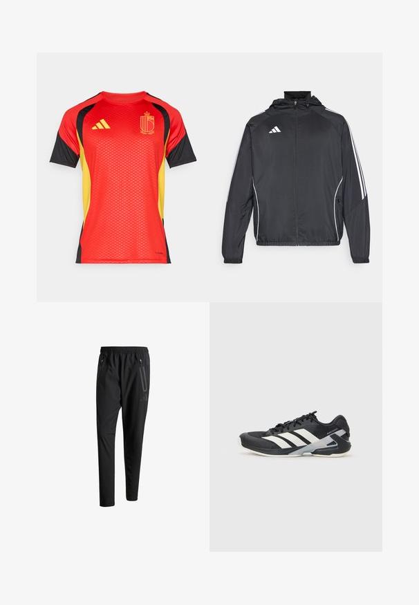 Must värvi sportlik jakk kapuutsiga, millel on valged triibud varrukatel ja lukuga esiosa. Valmistatud siledast, kergest kangast.; Punane lühikeste varrukatega jersü karvade mustade ja kollaste aktsentidega, millel on tekstuurne muster, Adidas'i bränding ja keskmine embleem.; Mustavad spordipüksid elastse vöökoha, kahe tõmblukuga küljetasku, kitsenevate säärete ning õrna logodetailiga puusadel.; Mustad sportlik jalanõud mustade värvidega, valgete triipudega, võrgusilma pealmine osa, ümar varvas ja pehme tallaga. Omab tekstureeritud kontsa ja kindlat paeltesüsteemi.