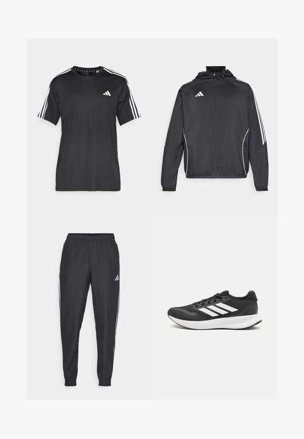 Jachetă sport neagră cu glugă, decorată cu dungi albe pe mâneci și cu fermoar în față. Fabricată dintr-un material neted și ușor.; Tricou negru cu mânecă scurtă, cu un design cu trei dungi albe pe umeri și logo pe piept. Fabricat dintr-un material breathable, cu o textură fină.; Pantaloni atletici negri cu talie elastică, având dungi albe pe laterale și un mic logo pe șold. Textură netedă.; Pantof cu aspect sport de culoare neagră, cu un upper din plasă respirabilă, accente albe și o talpă amortizată. Include logo-ul cu trei dungi pe lateral.