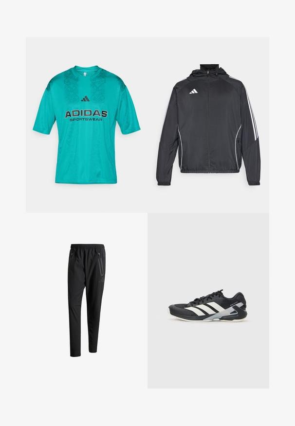 Melnā sporta jaka ar kapuci, ar baltām svītrām pa piedurknēm un ar rāvējslēdzēju priekšpusē. Izgatavota no gludas, vieglas auduma.; adidas Sportswear TIRO TEE - Apdrukāts T-krekls - pure teal/black; Melni sporta bikses ar elastīgu vidukli, divām kabatām ar rāvējslēdzējiem sānos, sašaurinātām kājām un diskrētu logo detaļu uz gurniem.; Melnas sporta kurpes ar baltām svītrām, acs augšdaļa, noapaļots pirksts un mīksts zole. Iespējams ar teksturētu papēdi un drošu šņoru sistēmu.