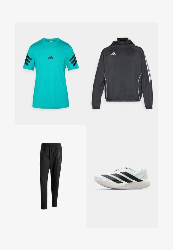 Juodas sportinis džemperis su kapišonu, turintis baltas juosteles palei rankoves ir užtrauktuką priekyje. Pagamintas iš lygaus, lengvo audinio.; Turkio spalvos marškinėliai trumpomis rankovėmis, pagaminti iš medvilnės, su trimis juodomis juostelėmis ant kiekvienos rankovės ir mažu juodu logotipu ant krūtinės.; Juodi sportiniai šortai su elastiniu juosmeniu, dviem užtrauktukais šoniniais kišenėmis, siaurėjančiomis kojomis ir subtiliu logotipo detaliu ant klubo.; Lengvi bėgimo batai šviesiai mėlynos spalvos su juodomis juostelėmis. Yra lygus viršus, apvalus pirštas ir storas baltas vidpadis su užrašu "LIGHTSTRIKE PRO."