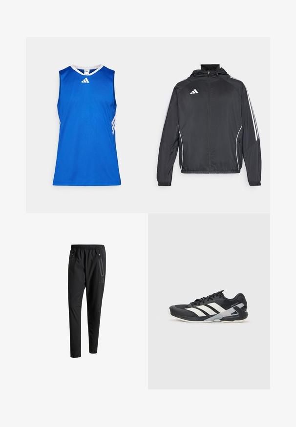 Crna atletska jakna s kapuljačom, s bijelim prugama duž rukava i zatvaranjem na zip. Izrađena od glatkog, laganog materijala.; Plavi sportski majica bez rukava s bijelim detaljima, okruglog izreza i suptilnim prugama sa strane. Izrađena od glatkog, laganog materijala.; Crne atletske hlače s elastičnim pojasom, dva bočna džepa sa zatvaračem, suženi nogavici i diskretnim logotipom na kuku.; Crne atletske cipele s bijelim prugama, mrežasta gornja strana, zaobljeni prst i podstavljeni đon. Imaju teksturiranu petu i siguran sustav vezivanja.