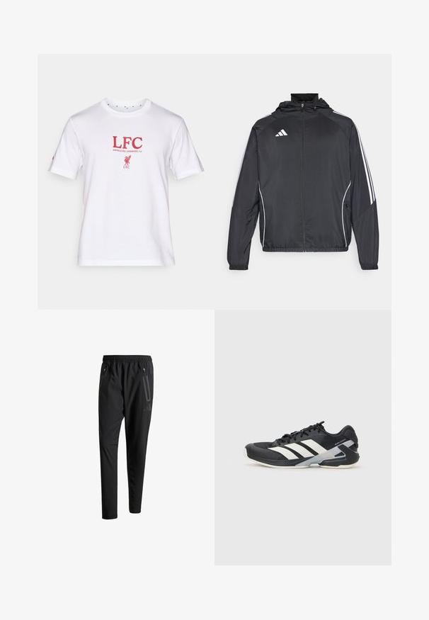 Casaco atlético preto com capuz, apresentando riscas brancas ao longo das mangas e um fecho éclair na frente. Fabricado em um tecido liso e leve.; Camiseta branca de algodão com o texto vermelho "LFC" e "ANFIELD RD, LIVERPOOL, L4" abaixo, acompanhada de um logótipo de um pássaro. Mangas curtas e gola redonda.; Calças de treino pretas com uma cintura elástica, dois bolsos laterais com fecho, pernas ajustadas e um discreto detalhe de logotipo no quadril.; Sapata atlética preta com riscas brancas, parte superior em malha, biqueira arredondada e sola acolchoada. Apresenta um calcanhar texturizado e um sistema de atacadores seguro.