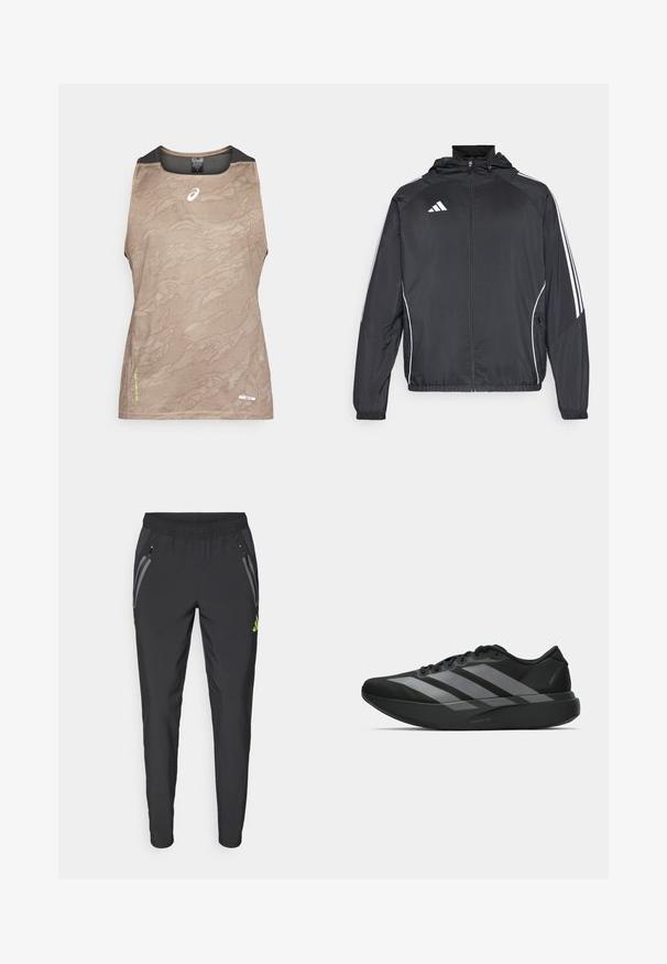 Chaqueta atlética negra con capucha, con rayas blancas a lo largo de las mangas y un cierre frontal con cremallera. Hecha de un tejido suave y ligero.; Top atlético sin mangas de color beige con un patrón texturizado, presenta un cuello y acentos en las mangas de malla negra, y un pequeño logo en la parte frontal.; adidas Performance REAL MADRID TIRO25 PRO VIS TECH TRAVEL PANT - Equipación de clubes - black/lucid lemon; Zapatillas deportivas negras con un diseño ligero, que presentan tres franjas grises prominentes, una textura suave y una suela contorneada.