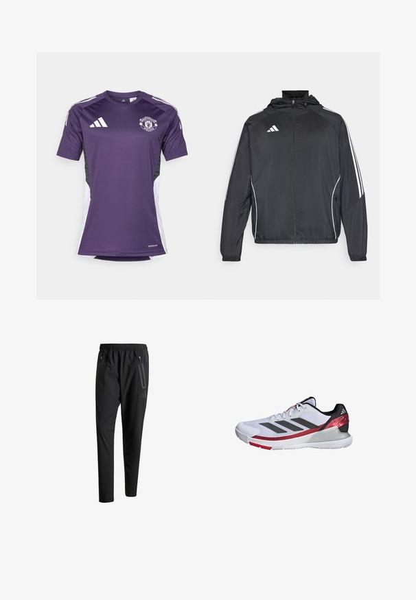 Black athletic jacket with a hood, featuring white stripes along the sleeves and a zippered front. Made from a smooth, lightweight fabric.; Purple Manchester United jersey featuring short sleeves, Adidas logo, and white side panel accents. Made from moisture-wicking material.; Black athletic pants with an elastic waistband, two zippered side pockets, tapered legs, and a subtle logo detail on the hip.; White athletic shoe with grey and red accents, breathable mesh upper, three black stripes, and a rubber sole. Features padded collar and tongue.