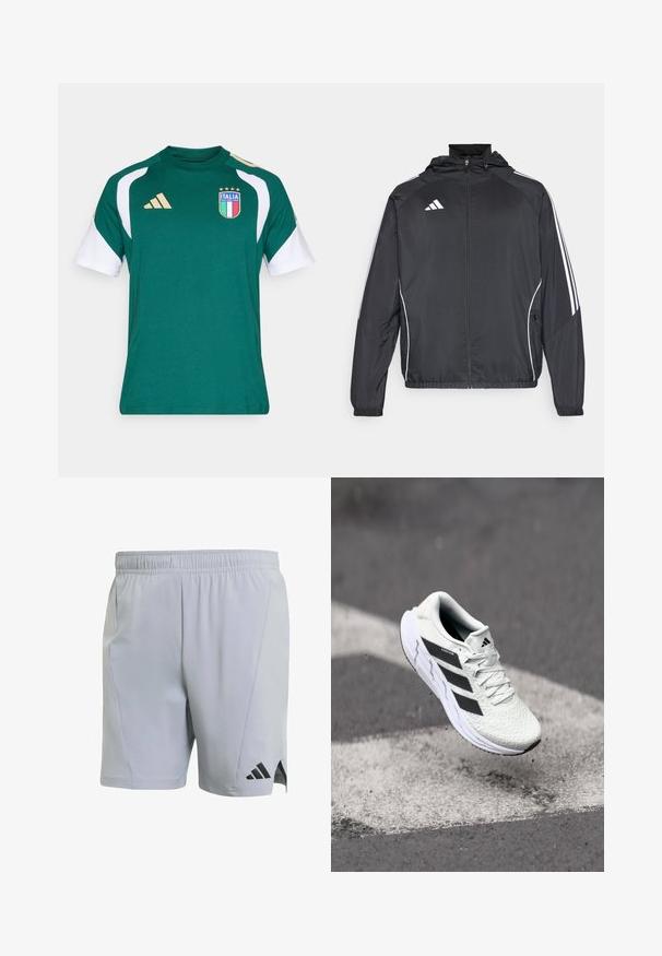 Crna atletska jakna s kapuljačom, s bijelim prugama duž rukava i zatvaranjem na zip. Izrađena od glatkog, laganog materijala.; Zelena sportska majica s bijelim rukavima, s izvezenim logotipom Italije i zlatnim detaljima, izrađena od mekog, prozračnog materijala.; adidas Performance Sportske kratke hlače - halo silver; Bjela atletska cipela s mrežastim gornjim dijelom s teksturom, crnim prugama, vezanjem na vezice i podstavljenim potplatom, lebdi iznad označene ceste.