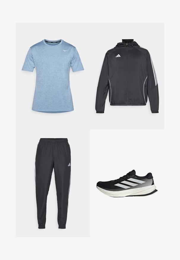 Zwarte sportjack met capuchon, voorzien van witte strepen langs de mouwen en een ritssluiting aan de voorkant. Gemaakt van een gladde, luchtige stof.; Kortärmad t-shirt in lichtblauw, met een ronde halslijn en een subtiele textuur, voorzien van een klein wit logo op de borst.; Zwarte sportieve broek met een elastische tailleband, voorzien van witte strepen aan de zijkanten en een klein logo op de heup. Gladde textuur.; Zwarte sportieve schoen met een mesh ontwerp, voorzien van witte strepen, een ronde neus en een gestructureerde zool voor grip en ondersteuning.