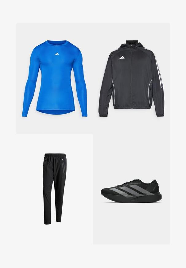 Black athletic jacket with a hood, featuring white stripes along the sleeves and a zippered front. Made from a smooth, lightweight fabric.; Blue long-sleeve athletic shirt with a fitted design, smooth texture, crew neck, and white Adidas logo on the upper left chest.; Black athletic pants with an elastic waistband, two zippered side pockets, tapered legs, and a subtle logo detail on the hip.; Black athletic shoes with a lightweight design, featuring three prominent gray stripes, a smooth texture, and a contoured sole.