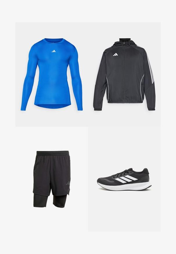 Svart idrottsjacka med huva, med vita ränder längs ärmarna och dragkedja framtill. Tillverkad av ett mjukt, lätt material.; Blå långärmad träningsskjorta med en kroppsnära design, slät textur, rund halsringning och vitt Adidas-logga på den övre vänstra bröstet.; Svarta atletiska shorts med integrerat innerlager, tillverkade av ventilerande tyg. Har en subtil logotyp och strukturerad textur. Justerbart midjeband.; Svart atletisk sko med andningsbar mesh-överdel, vita detaljer och en dämpad sula. Har tre ränder logo på sidan.